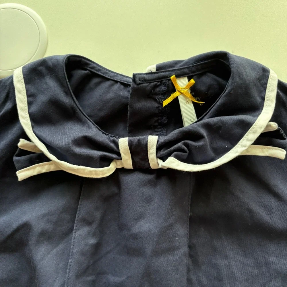 Kidichic Long Sleeve Blouse Kids Size 8 Navy Blue Peter‎ Pan Collar Bow Detail